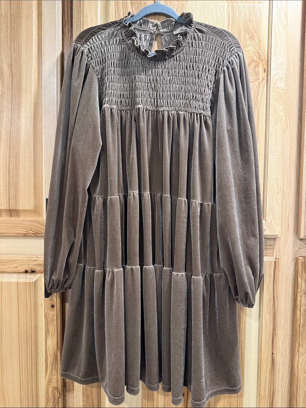 Women's Easel Size L Fall Velvet Smocked Tiered Babydoll Long-Sleeve Dress
